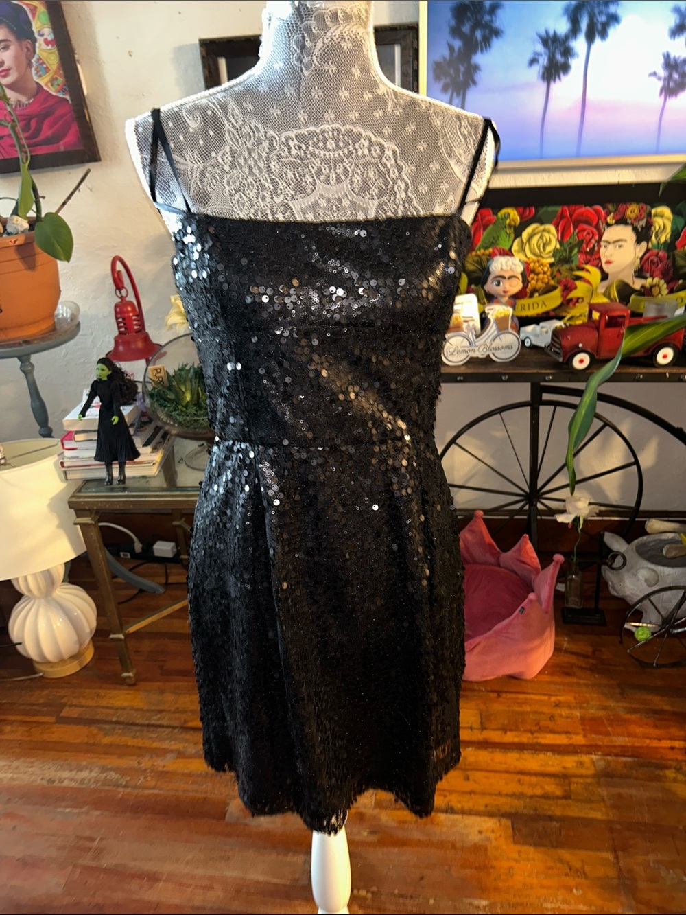 BCBGMaxAzria Black Sequin Spaghetti Strap Mini Dress